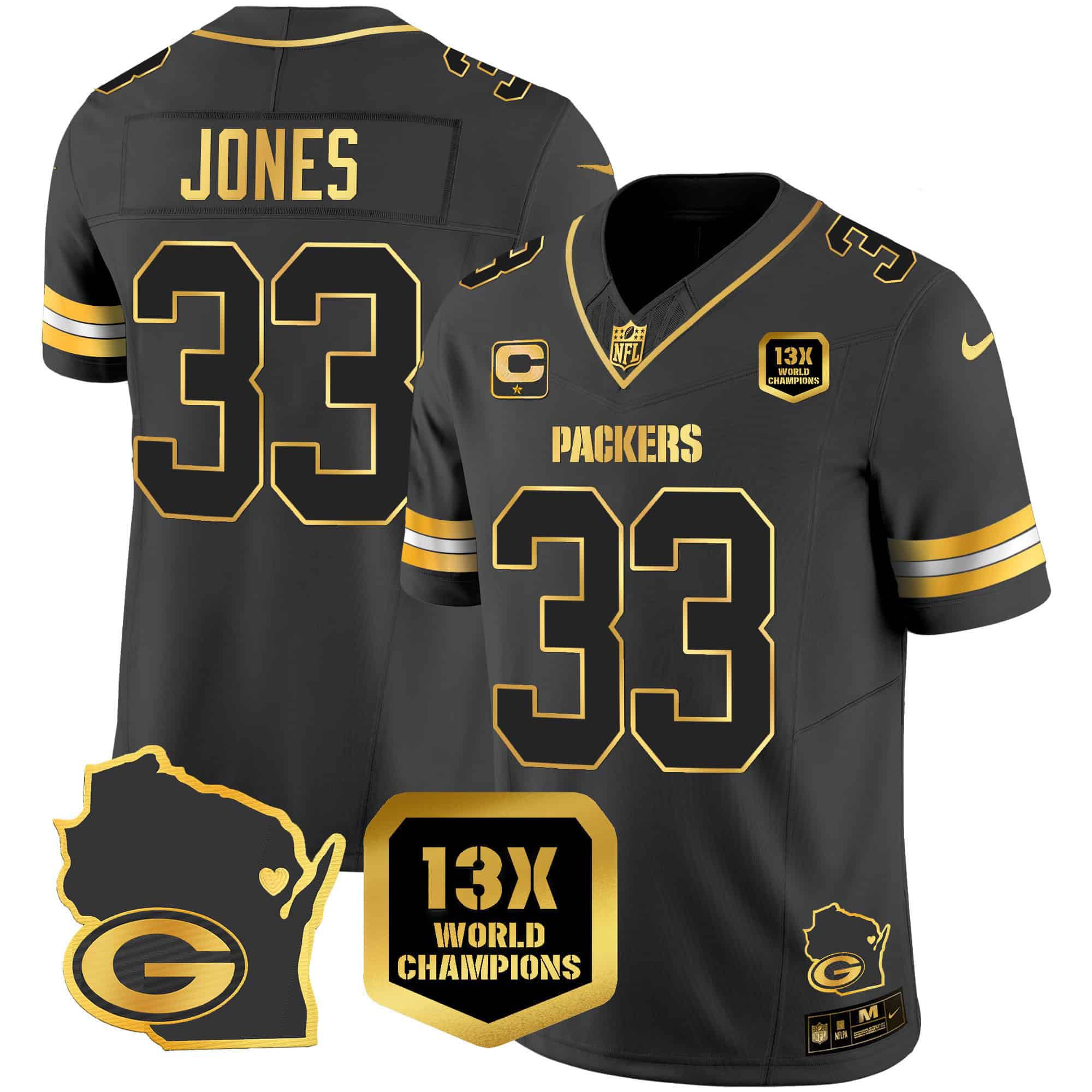 Men Green Bay Packers 33 Jones Black Gold 2024 Nike World Champions Home Patch Vapor NFL Jersey style 2